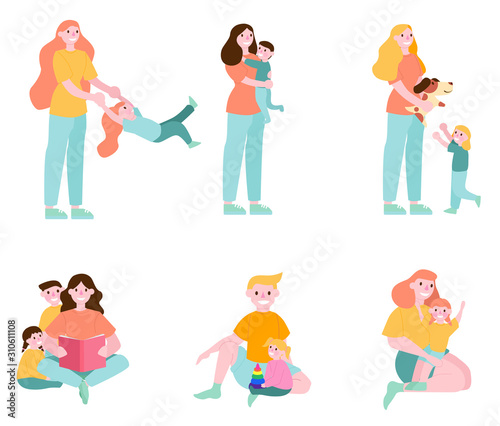 Parent and child set. Happy woman and kid spend time together.