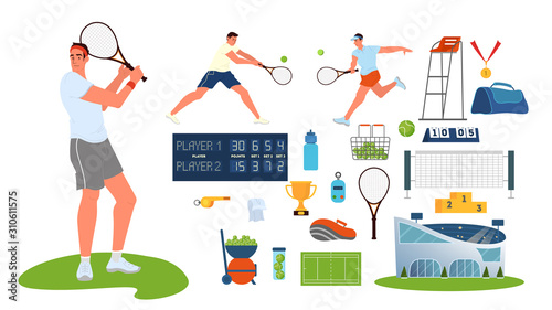 Tennis player holding a racket on tennis court. Tennis equipment set.