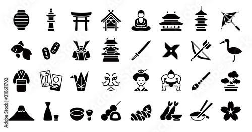 Valokuvatapetti Japanese Traditional Culture Icon Set (Flat Silhouette Version)