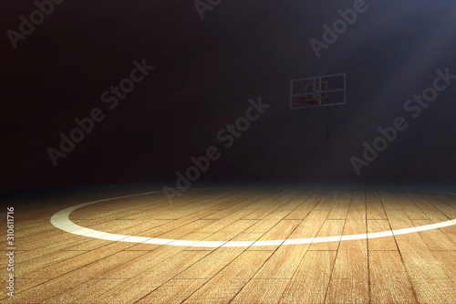 Basketball court with wooden floor and a basketball hoop © Leo Lintang