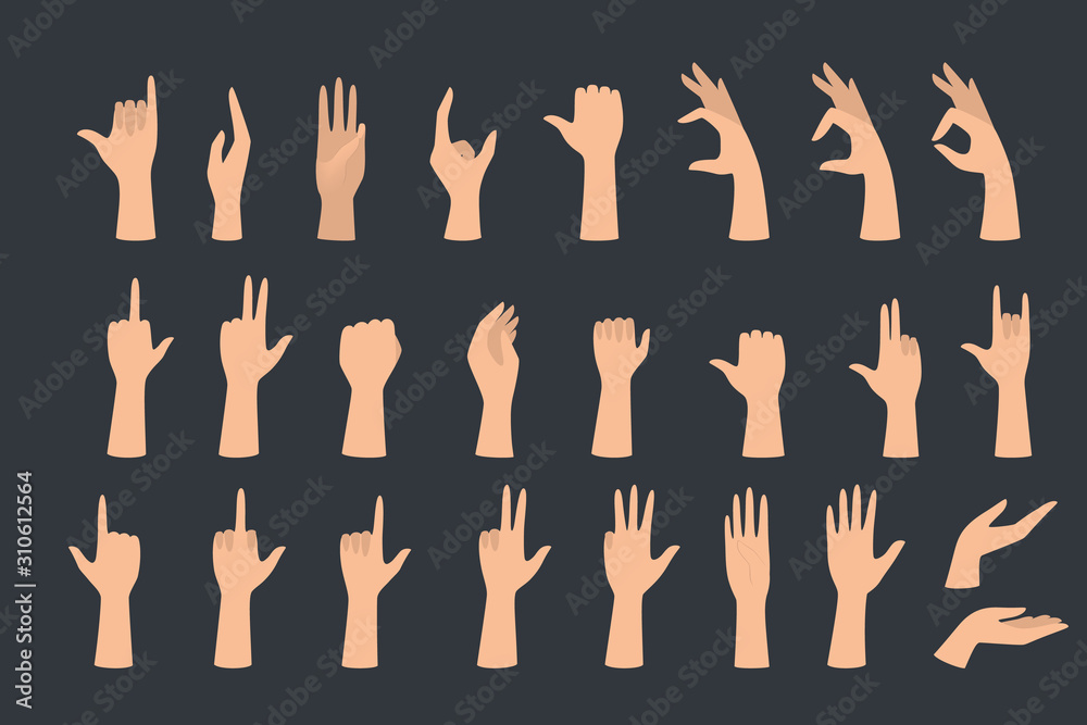Set of hands showing different gestures. Palm pointing at something Set of hands showing different gestures. Palm pointing at something