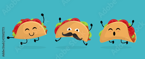 Mexico taco set in cartoon style. Taco with traditional Mexican food. With moustache and happy emotion. Vector character.