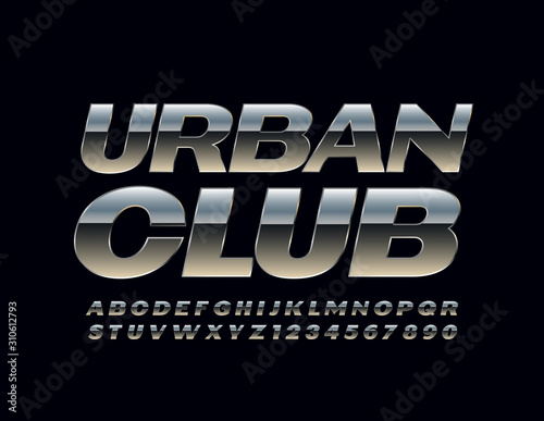 Vector metal logo Urban Club. Reflective chrome Font. Modern Alphabet Letters and Numbers