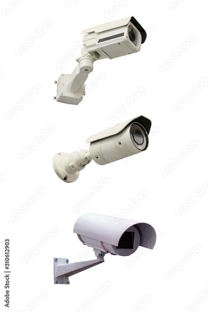 Three modern video cameras to track the situation at the object on a white background. Vertically