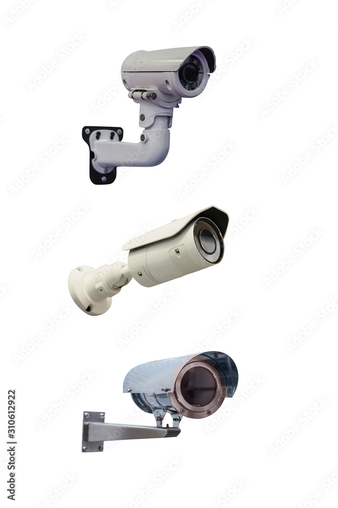 Three modern video cameras to track the situation at the object on a white background. Vertically