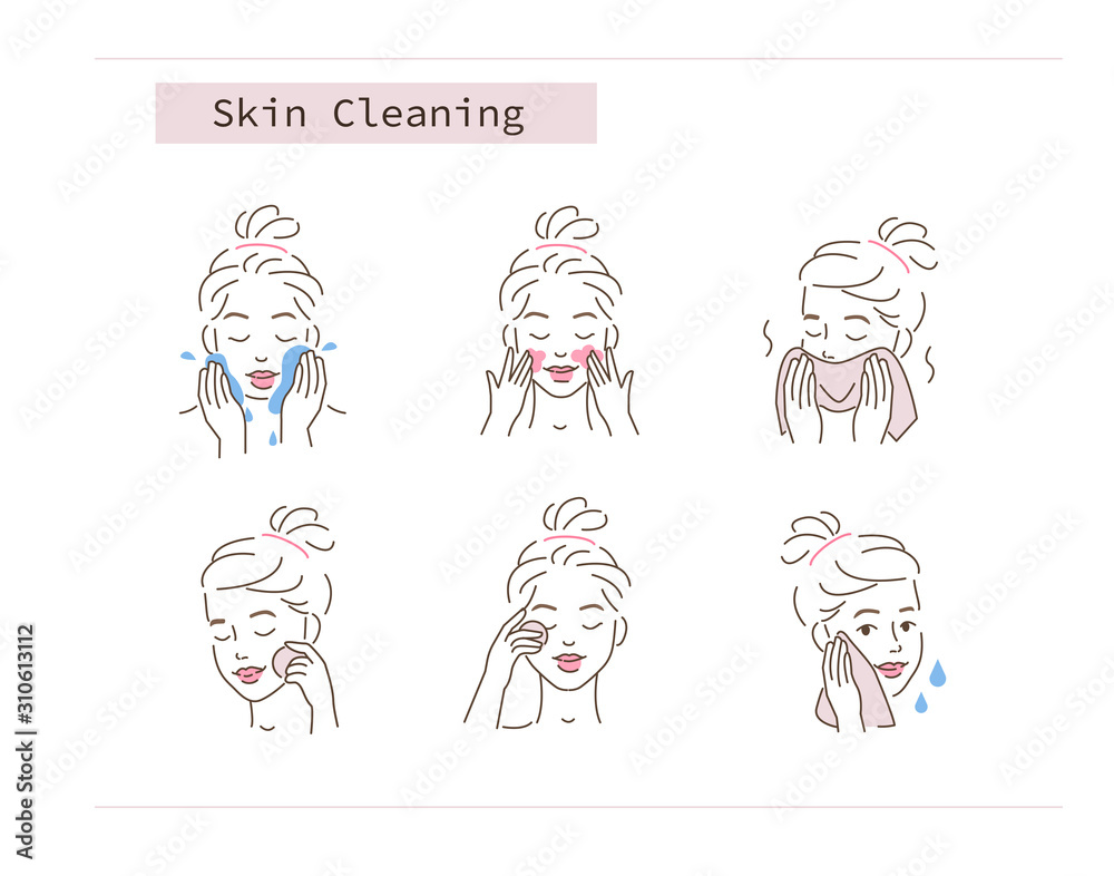 Beauty Girl Take Care of her Face and Use Cleansing Products for Skin. Skincare Procedures. Facial Cleaning, Moisturizing and Make Up Removing Concept. Flat Vector Illustration and Icons set.