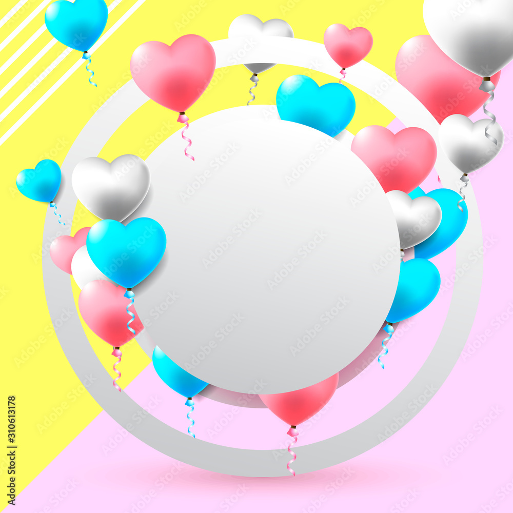 Valentines Day template background with realistic heart-shaped balloons Valentines Day template background with realistic heart-shaped balloons