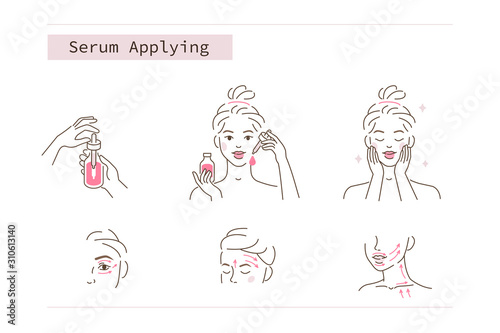 Beauty Girl Take Care of her Face and Applying Cosmetic Serum Oil. Woman Making Facial Massage by Lines. Skin Care Routine, Hygiene and Moisturizing Concept. Flat Vector Illustration and Icons set.