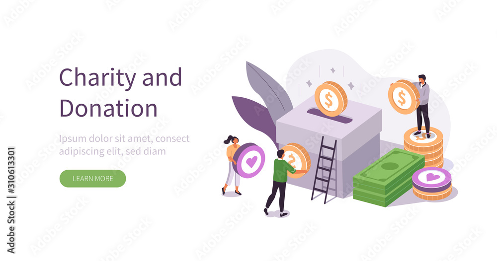 People Character Donate Money for Charity. Volunteers Collecting and Putting Coins And Banknotes in Donation Box. Financial Support and Fundraising Concept. Flat Isometric Vector Illustration.