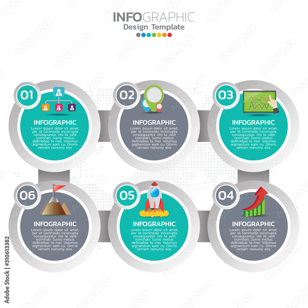 Infographic template design with 6 color options.