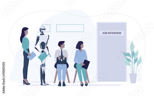 Robot standing in queue with candidate for a job interview