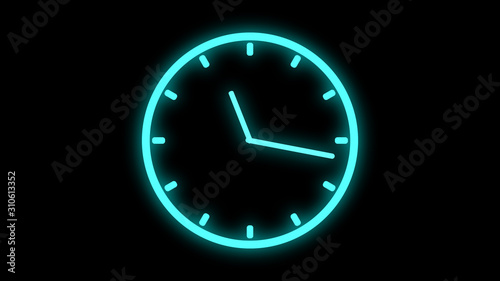 Fast moving clock Neon bright glowing spinning animation 3D rendering
