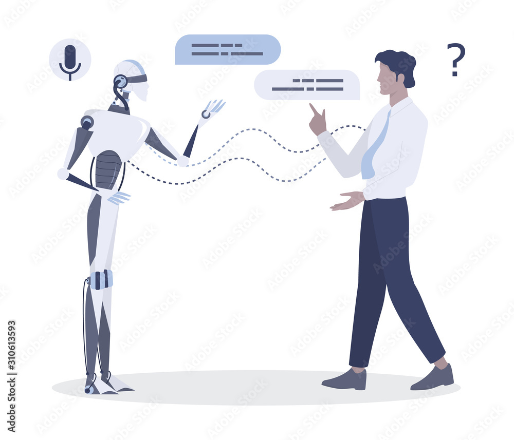 Man talking to robot. Conversation between man and artificial intelligence  Stock-Vektorgrafik | Adobe Stock