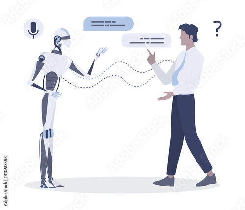 Man talking to robot. Conversation between man and artificial intelligence