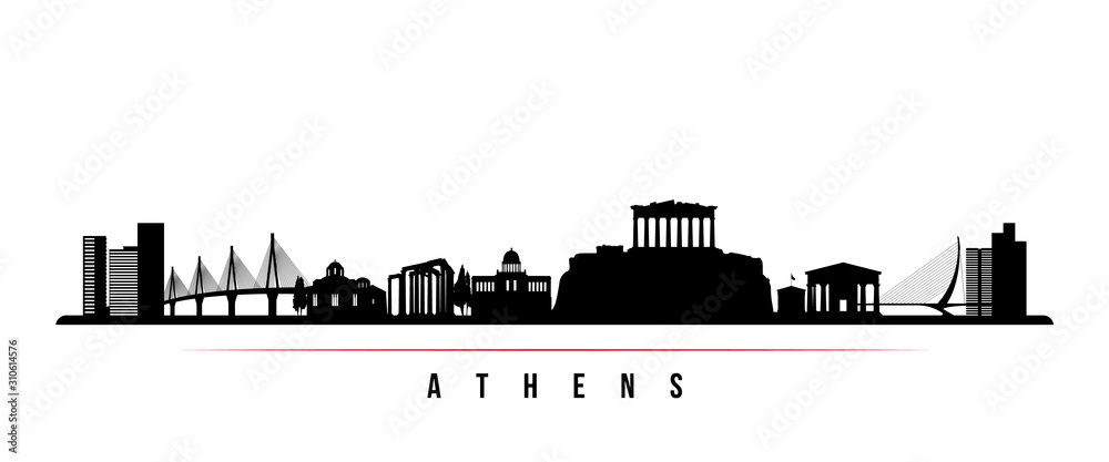 Athens skyline horizontal banner. Black and white silhouette of Athens, Greece. Vector template for your design.