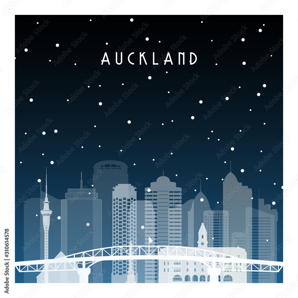 Winter night in Auckland. Night city in flat style for banner, poster, illustration, background.