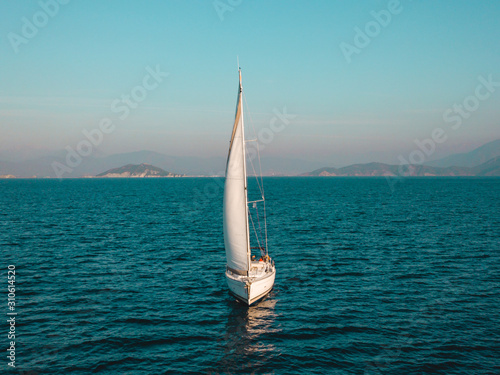 Aerial view of sailing in the open sea in Turkey photo