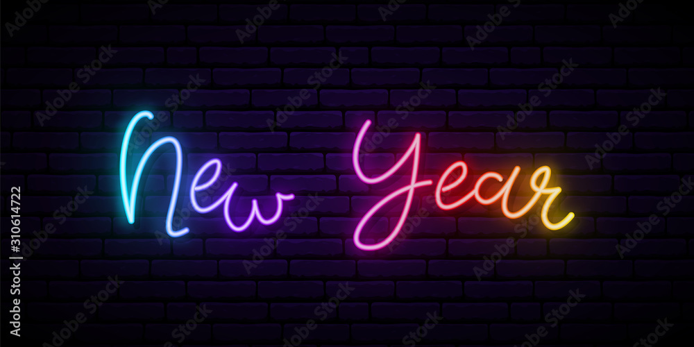 New Year neon signboard. Festive vector banner with colorful lettering. Vector greeting banner. New Year neon signboard. Festive vector banner with colorful lettering. Vector greeting banner.