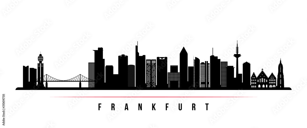 Frankfurt skyline horizontal banner. Black and white silhouette of Frankfurt, Germany. Vector template for your design.