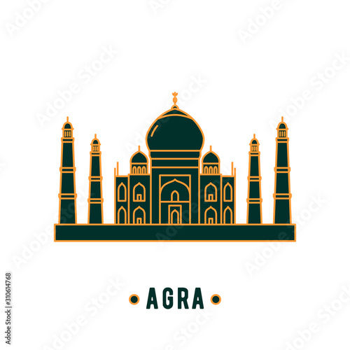 Taj Mahal illustration in line art style. Vector icon of Indian landmark.