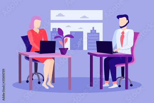 Modern office interior with staff. Creative office workspace.People in a tricky office design concept for web banners, infographics. Workers at work. Illustration of a flat plane style.
