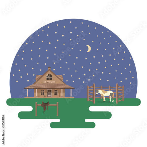 The country house, the pinto horse is in the paddock and the hitching post with the cowboy saddle are at starry night.