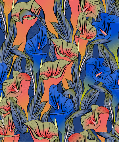 incredibly beautiful, juicy, bright, vector pattern with tropical flowers - calla lilies.
