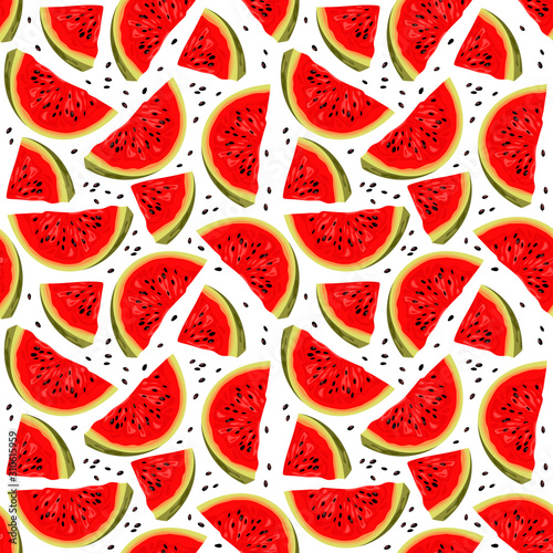 Fototapeta Naklejka Na Ścianę i Meble -  Bright vector juice watermelon slice. Colorful cartoon isolated on white background.