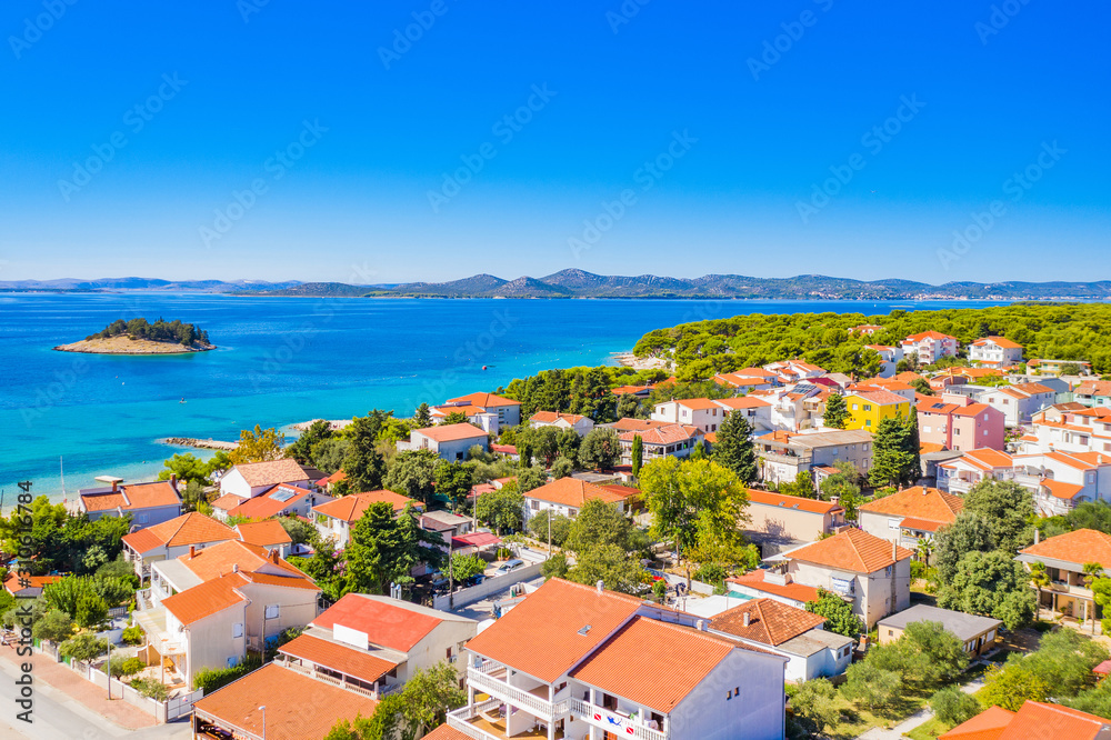 Adriatic sea landscape, town of Pakostane in Croatia, touristic destination