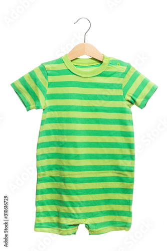 Striped green shirt baby clothes bodysuit front view in clothes hanger, isolated on white background.