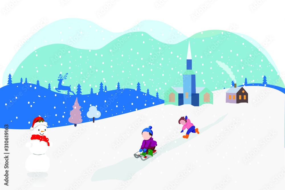 Vector illustration of a Christmas winter landscape postcard.Retro color of winter landscape with kids, snowman and deer.