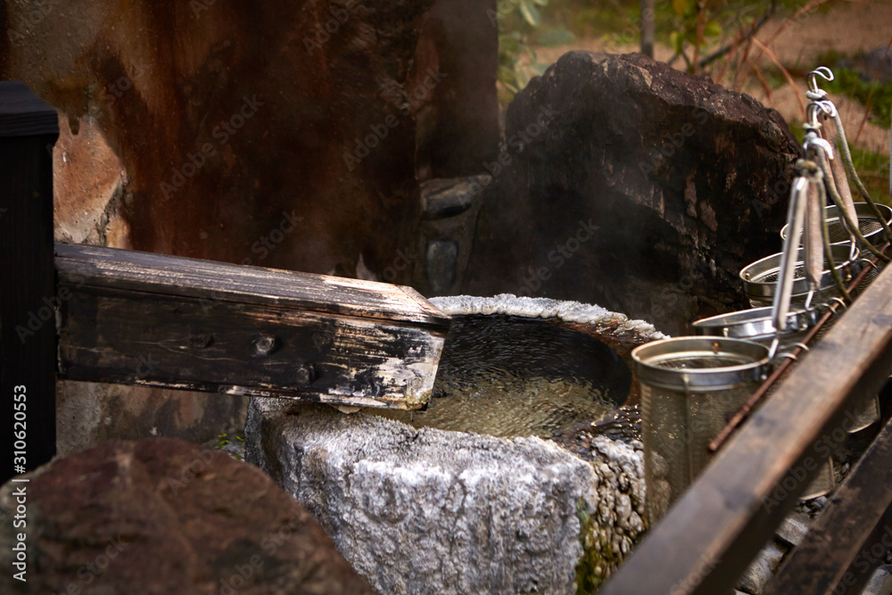 Hot spring with strainer for boiling egg Hot spring with strainer for boiling egg