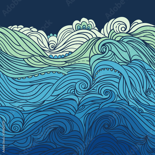 Water Pattern. Horizontal seamless waves border. Abstract water background with curly hand-drawn waves. Blue tide vector background. Sea and ocean theme. EPS 8