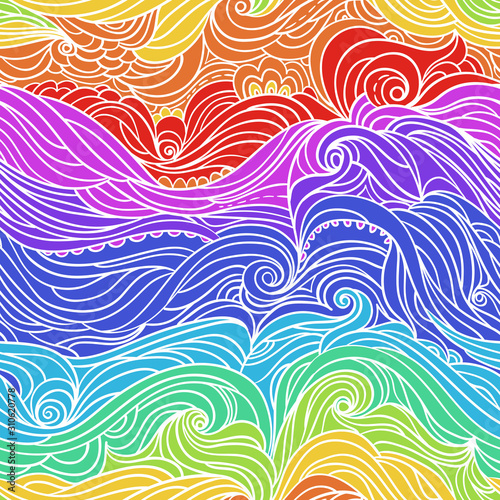 Seamless waves pattern. Abstract water background with curly hand-drawn lines. Colourful tide vector backdrop. Sea and ocean theme. Eps 8