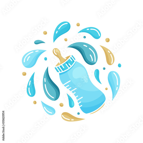 Cutout blue illustration poster of baby bottle with pacifier. Cartoon milk bottle with flying spray. Round flat template for newborn feeding, motherhood, childen's goods. Hand drawn vector concept