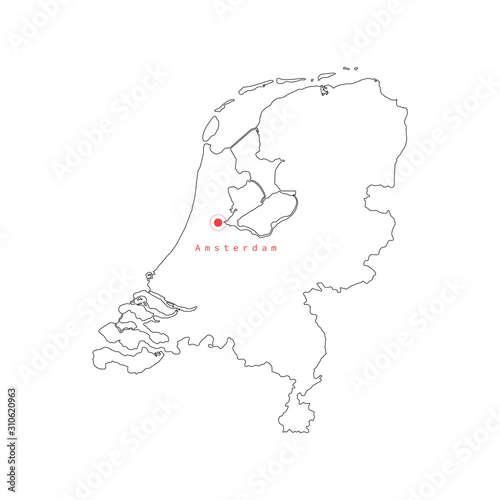 Vector illustration of outline Netherlands map with capital city Amsterdam.