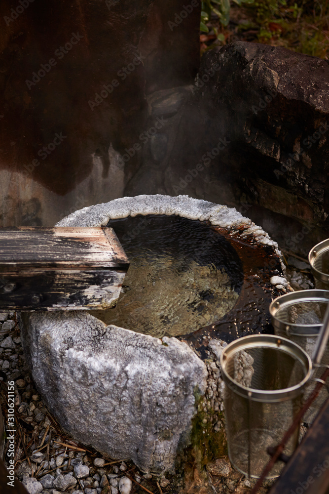 Hot spring with strainer for boiling egg Hot spring with strainer for boiling egg