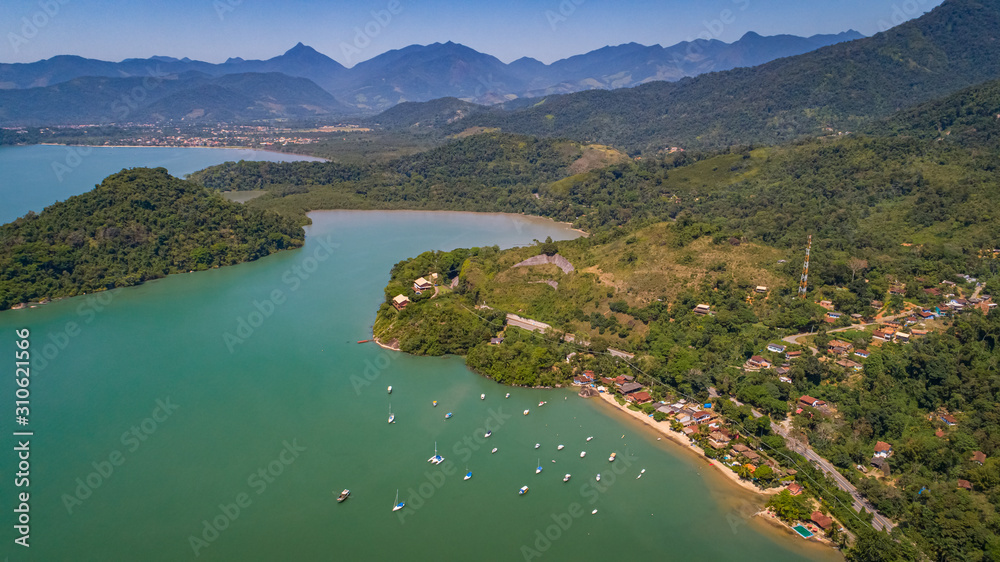 Panoramic aerial view of the coast near Tarituba with wonderful bays, islands, green mountains and beaches, Green coast, Brazil