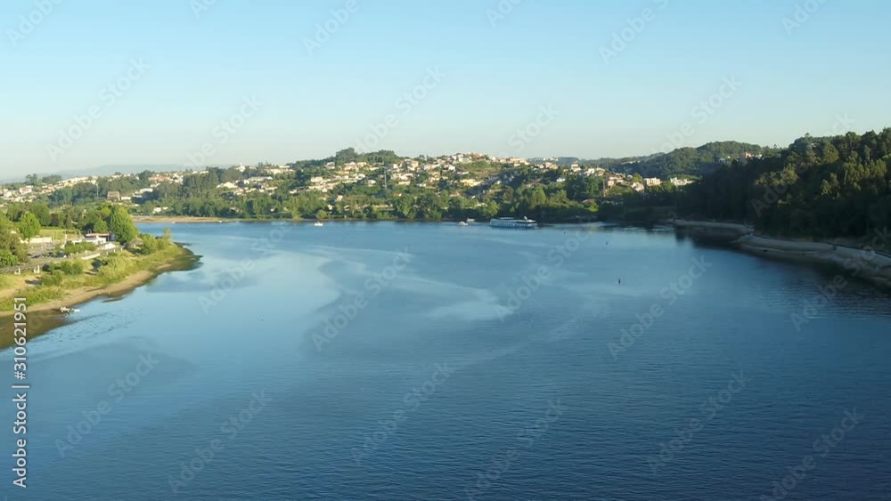 Aerial view from Douro river with a cruise ship near Porto Aerial view from Douro river with a cruise ship near Porto
