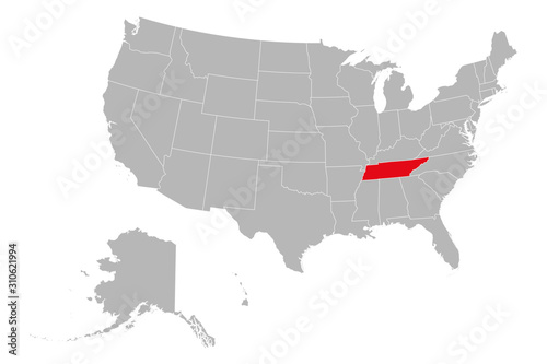 Tennessee marked red on US political map. Gray background. United States province.