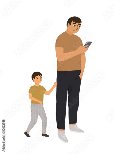 Father does not pay attention to his son. A busy parent looks at the phone, his child pulls his hand, draws attention to himself. The child is upset. Internet Addiction concept.