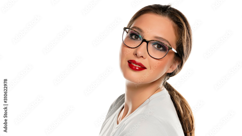 beautiful woman with glasses and makeup on white background beautiful woman with glasses and makeup on white background