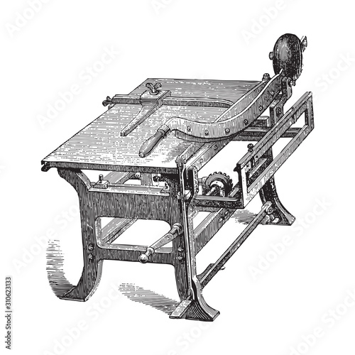 Paper cutting machine / vintage illustration from Brockhaus Konversations-Lexikon 1908