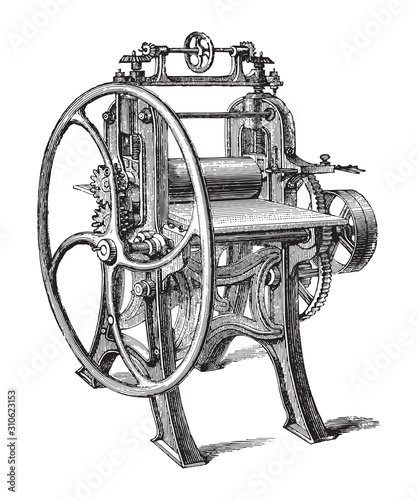 Old paper rolling machine / vintage illustration from Brockhaus Konversations-Lexikon 1908