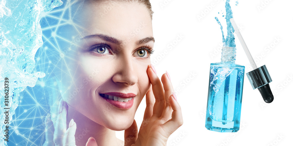 Young woman near blue cosmetic bottle under blue water splash. Young woman near blue cosmetic bottle under blue water splash.