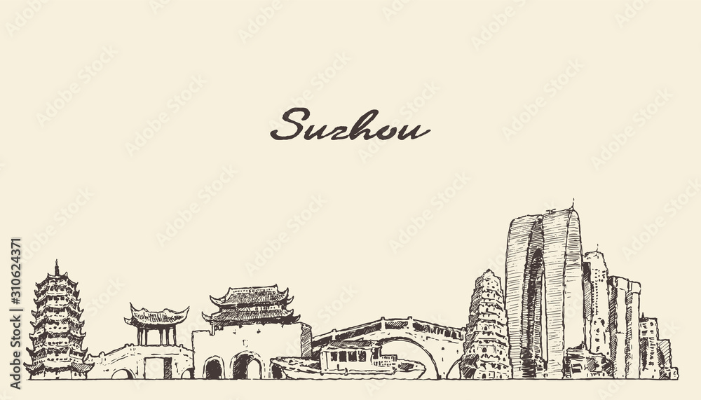 Suzhou skyline Jiangsu East China vector sketch