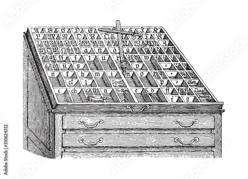 Old type case or print box / vintage illustration from Brockhaus Konversations-Lexikon 1908
