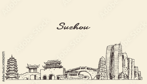 Suzhou skyline Jiangsu East China vector sketch