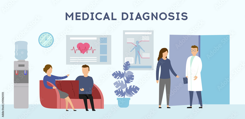 Patients are waiting an appointment time in the hospital. Doctor consultation modern clinic. Doctor in uniform is welcoming visitors for Medical Diagnosis. Flat style. Vector illustration