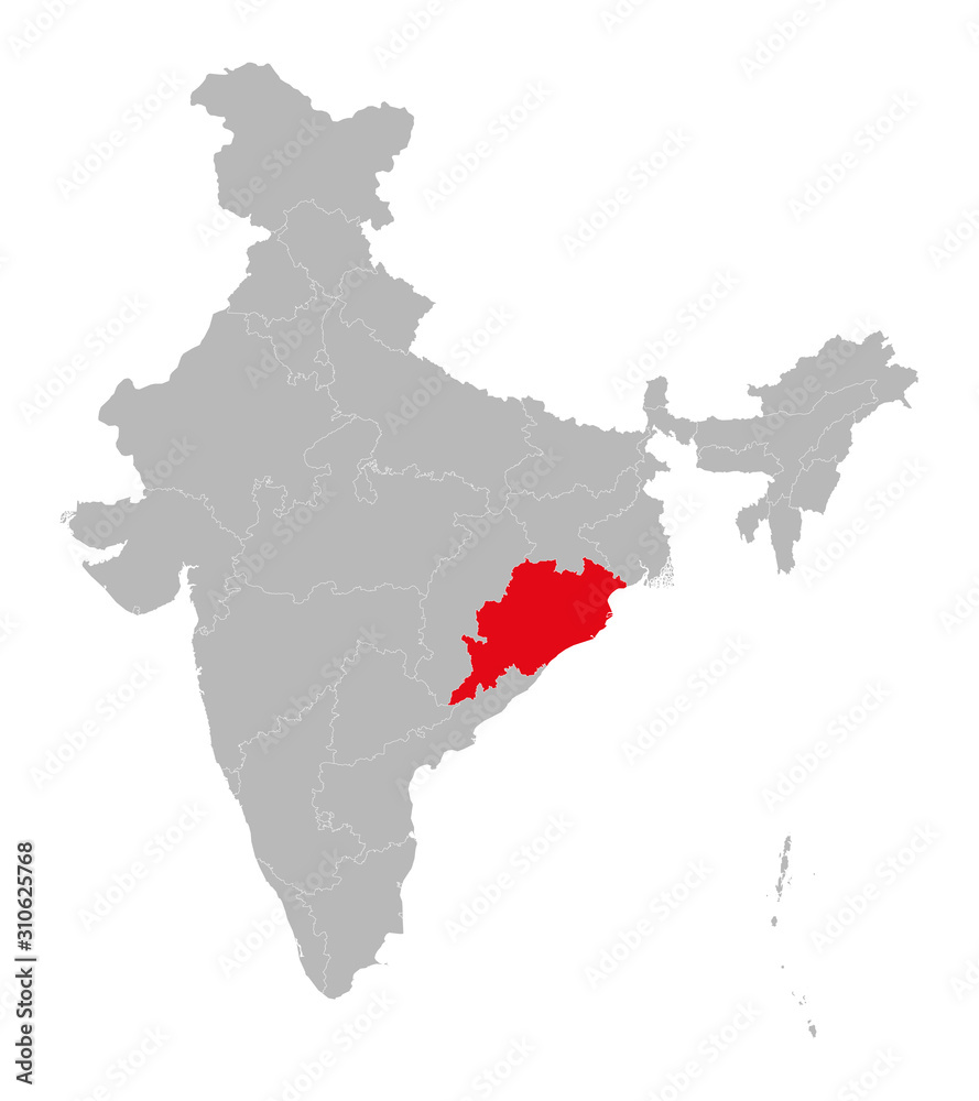Orissa or Odisha state highlighted red on indian map vector. Light gray background. Perfect for business concepts, backdrop, backgrounds, label, sticker, chart etc.
